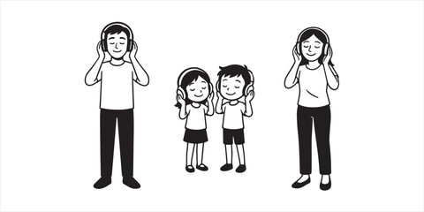 Family listening to music vector illustration – parents and children enjoying songs together with headphones in minimal line art style