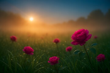 Fototapeta premium Magenta Meadow in Amber Fog – Cinematic Surreal Sunrise Field