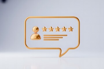 Golden 3d icon of a speech bubble containing a user profile silhouette and five golden stars representing a perfect customer satisfaction rating and positive feedback concept