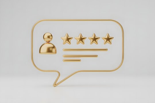 Golden 3d icon of a speech bubble containing a user profile silhouette and five golden stars representing a perfect customer review and excellent feedback on a light gray background