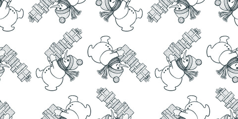 Cheerful christmas snowmen carrying various gift boxes, seamless pattern, outline vector hand drawings, background, wallpaper, paper, wrapper