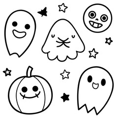 Cute halloween vector illustration ghosts pumpkin moon stars scalable graphics for spooky designs illustration