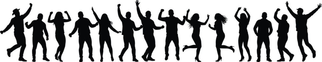 Jumping silhouettes, dancing people, celebrationt, human emotion