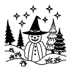 Whimsical witch halloween snowman vector illustration festive spooky night scene scalable graphic illustration