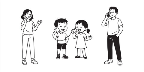 Family talking on phone vector illustration – parents and children communicating and enjoying conversation in minimal line art style