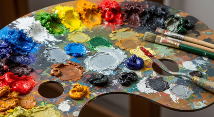 Artist palette with oil paints and brushes art supplies for painting colorful creative hobby concept