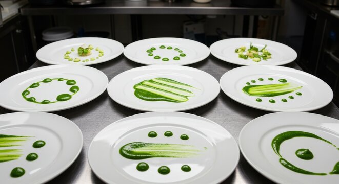 Plating Techniques with Green Sauce Patterns , Fine Dining Presentation Ideas for Professional Chefs