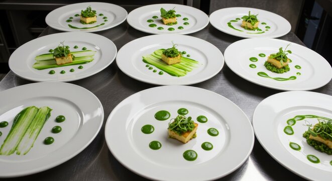 Plating Techniques with Green Sauce Patterns , Fine Dining Presentation Ideas for Professional Chefs - Powered by Adobe