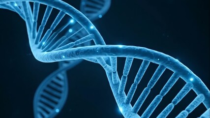 Animated DNA double helix rotating. 3D style visualization of a genetic molecule on a blue background. Science, biology, and medical research concept - Powered by Adobe