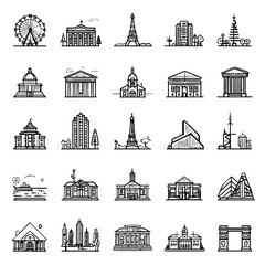 Vector line icons of diverse architectural landmarks and famous city buildings. Collection of travel destination structures, monument illustrations.