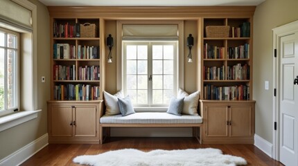 Built‑in bench for two under bookshelves, swing‑arm sconces, sheepskin rugs.

