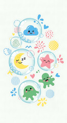 Fototapeta premium A whimsical collection of cute kawaii characters including a sleeping moon smiling cloud star and octopus floating inside transparent bubbles.