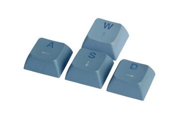 The iconic WASD keycaps, used for movement control in PC gaming, are isolated on a white background.