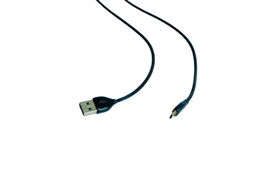 The frayed and broken end of a common charging cable, isolated on white.