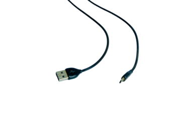 The frayed and broken end of a common charging cable, isolated on white.