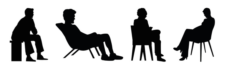 Silhouettes of people sitting in chairs and lounge on black background