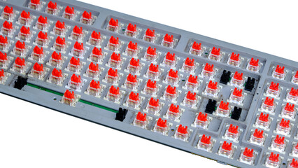 Close-Up Of A Mechanical Keyboard With Red Switches And Transparent Keycaps