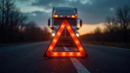 Flashing hazard triangle on a roadside at dusk with the hood up and warning lights blinking