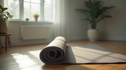 Gentle yoga mat unrolled, slow stretches, dimmed room and white‑noise hum