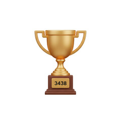 3d icon of golden trophy with number 3438 on a wooden base, isolated on transparent background