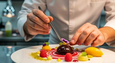 Chef plating dessert gourmet food fine dining culinary arts chocolate sphere raspberry garnish professional