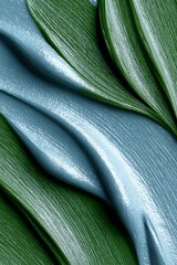 Abstract macro background in glossy blue and green shades with smooth, flowing texture. Modern minimal pattern resembling natural leaves and metallic surface reflections