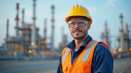 Portrait of engineer wearing a safety vest, protective goggles, blue coveralls, and a yellow hard hat in front of a petrochemical plant 