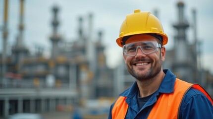 Portrait of engineer wearing a safety vest, protective goggles, blue coveralls, and a yellow hard hat in front of a petrochemical plant 
