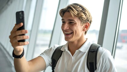 Young Mans Joyful Airport Video Call Before Travel.