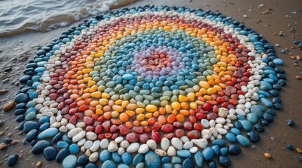 Rainbow pebble mosaic on a wet shoreline with smooth stones arranged in a spiral