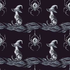 Seamless pattern wallpaper halloween black cat in a witchs hat spider on a web on a branch watercolor illustration hand drawn square on dark purple