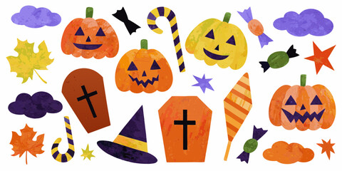 Collection of hand drawn halloween elements including pumpkins candy coffins and witch hats
