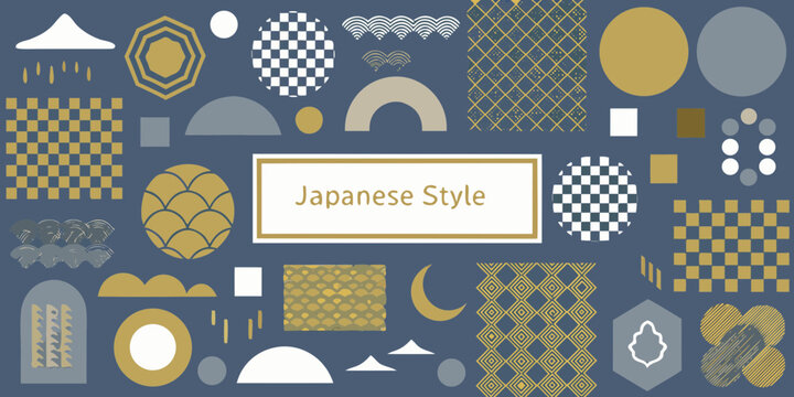 Collection of japanese style geometric patterns and symbols on a blue background
