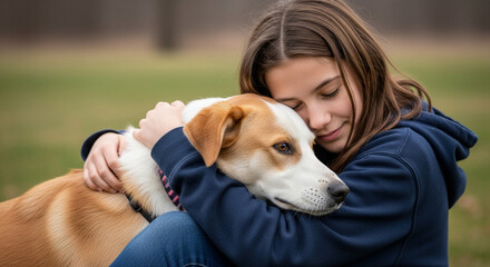 Girl hugging dog pet love friendship canine animal care happy young woman embracing adorable puppy outdoors