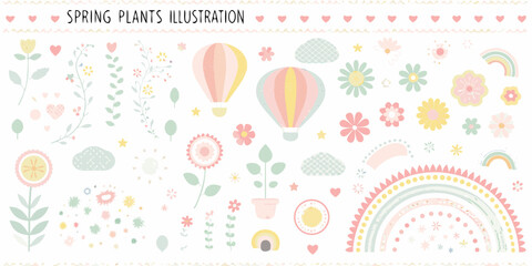 Whimsical spring elements collection featuring flowers hot air balloons rainbows and clouds