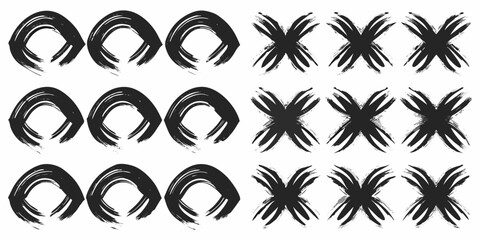 Abstract black brush stroke circles and crosses arranged in a grid on a white background