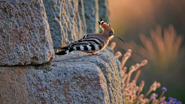 Traditional upupa epops (hoopoe bird) with its distinctive crest and striped plumage perched on a sunlit rock, showcasing exotic wildlife and natural beauty in a warm outdoor setting.