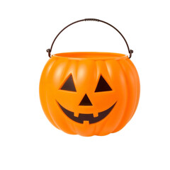 Orange plastic pumpkin bucket with carved jackolantern face and black handle isolated on transparent background