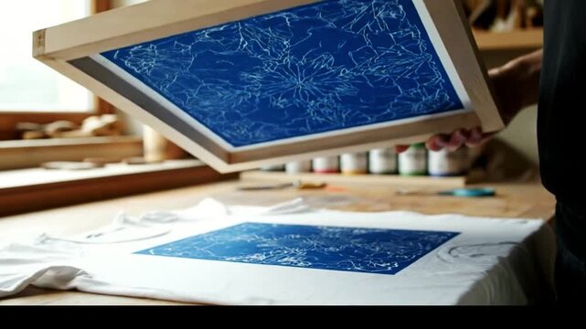 A printmaker lifts a screen printing frame to reveal a perfectly transferred intricate blue design onto a white t-shirt.