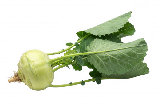 Pale green bulbous vegetable with leafy stalks isolated on a transparent background