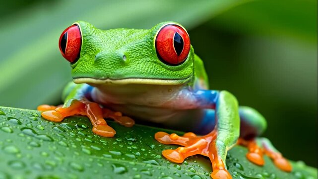 A vibrant red-eyed tree frog in a macro close-up. The colorful amphibian sits on a wet green leaf in the rainforest. Wildlife and biodiversity concept