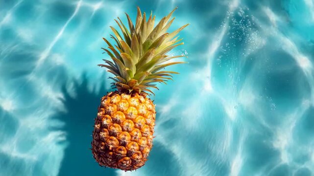 Pineapple floating in blue swimming pool  