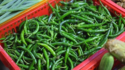 Spicy chili pepper display market shelf, spicy chili shows bold cooking flavors with fresh colorful assortment, hot ingredient view for recipe ideas, flavor moment, ideal spicy cuisine tutorial videos