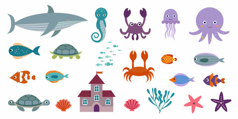 Collection of cute cartoon sea creatures and underwater elements for children