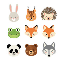 Fototapeta premium Cute cartoon animal faces including a rabbit fox frog bear panda and hedgehog.