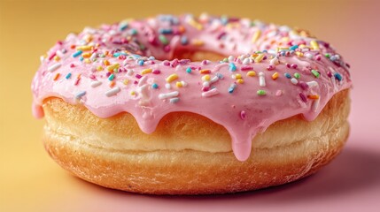 Delicious pink donut with colorful sprinkles, glazed icing, and soft pastry texture, perfect for dessert, snack, or bakery display in vibrant food photography