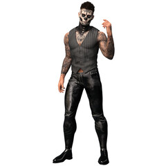 3D rendered male character with dia de los muertos face make up and full body tattoos, isolated on transparent background