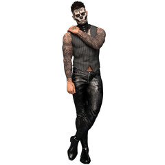 3D rendered male character with dia de los muertos face make up and full body tattoos, isolated on transparent background