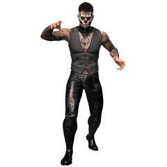 3D rendered male character with dia de los muertos face make up and full body tattoos, isolated on transparent background