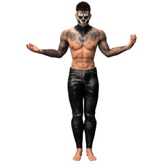 3D rendered male character with dia de los muertos face make up and full body tattoos, isolated on transparent background